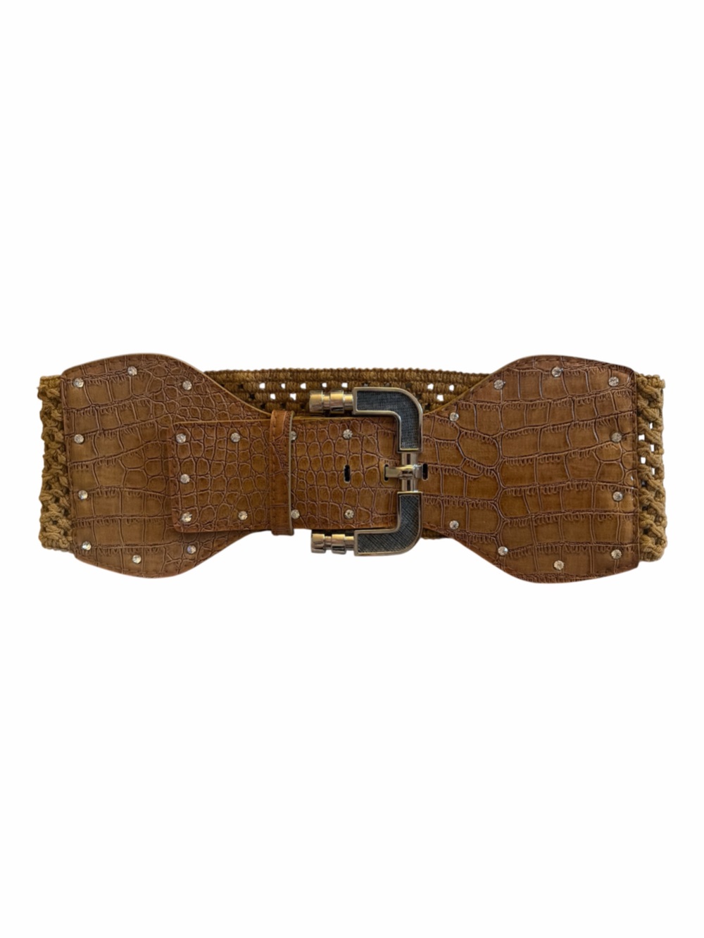 Wide Brown Braided Faux-Croc Stretch Belt with Buckle